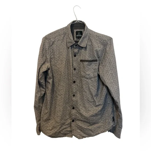 Prana Men’s Medium Gray Pattern Long Sleeve Button Up Outdoor Shirt Pocket EUC - Picture 1 of 4